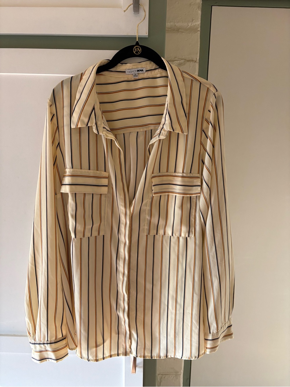 Fashion Nova Cream Button-Up Blouse with Navy & Tan Stripes
